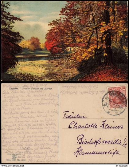 Postcard Dresden Großer Garten im Herbst Photochromie Stimmungsbild 1919