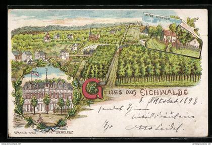 Lithographie Eichwalde, Gesamtansicht, Alter Gutshof, Waarenhaus Fr. Schelenz