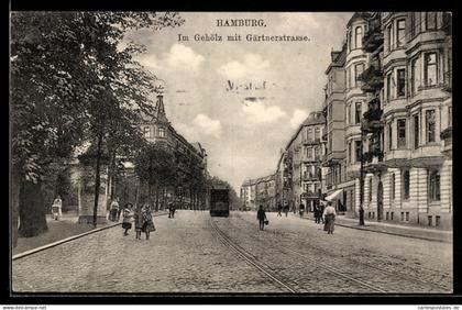 AK Hamburg-Eimsbüttel, Gehölz mit Gärtnerstrasse und Strassenbahn