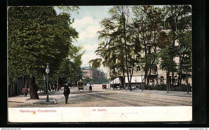 AK Hamburg-Eimsbüttel, Im Gehölz mit Strassenbahn