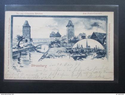 DR / Elsass 1899 Strassburg Bei den gedeckten Brücken. C.A. Vomhoff. Strossburjer Kuenschtlerposchtkarte Nr. 7