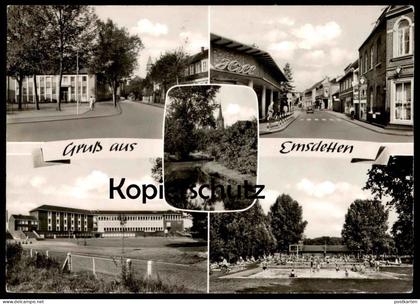 ÄLTERE POSTKARTE GRUSS AUS EMSDETTEN SCHWIMMBAD KIRCHE HILL swimming pool church église postcard cpa AK Ansichtskarte