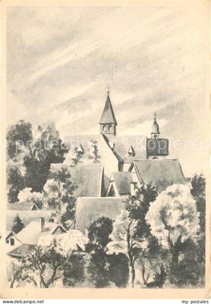 Enger Ortsansicht mit Kirche nach Originalzeichnung von Eva Heiner Kuenstlerkart
