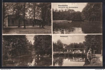 AK Fehrbellin, Rheinpartie am Gasthof Schützenhaus, Badeanstalt