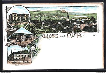 Lithographie Flöha, Gasthof Flöha, Bahnhof, Königl. Amtshauptmannschaft