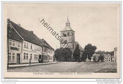 Friedland (Meckl.) Mecklenburg - Pferdemarkt mit Nikolaikirche - Verlag A. Christann Friedland 30er Jahre