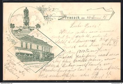 Lithographie Friesack, Schulze's Hotel zum Hohenzollern, Denkmal