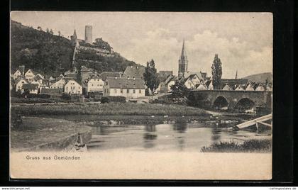 AK Gemünden / Main, Ortsansicht mit Flusslauf