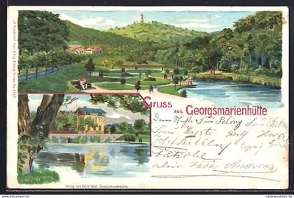 Lithographie Georgsmarienhütte, Blick auf Parkanlage und See