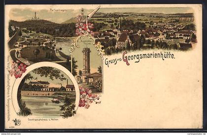 Lithographie Georgsmarienhütte, Totalansicht aus der Vogelschau, Parkanlage, Gesellschaftshaus & Weiher