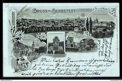 Mondschein-Lithographie Gerbstedt, Blick nach den Schulen, Marktplatz, Bahnhof