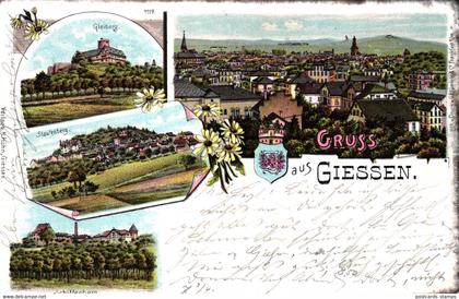 Giessen, Farb-Litho, 1899 nach Bochum versandt, Bahnpoststempel Cöln-Giessen-Frankfurt