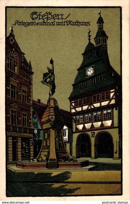 Giessen, Kriegerdenkmal mit Rathaus, Steindruck AK, Feldpost 1914 von Giessen nach Wiesbaden