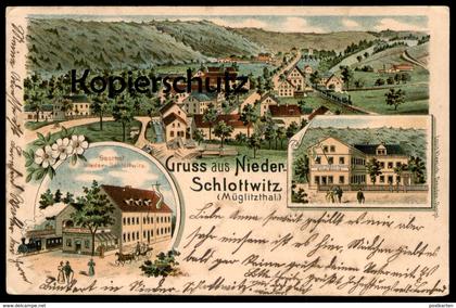 ALTE LITHO POSTKARTE GRUSS AUS NIEDER-SCHLOTTWITZ GASTHOF MÜGLITZTHAL Schlottwitz Glashütte Niederschlottwitz Müglitztal