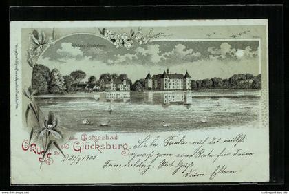 Lithographie Glücksburg, Schloss Glücksburg vom Wasser aus