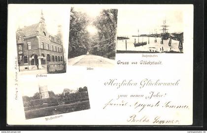 AK Glückstadt, Postamt, Wasserturm, Aussenhafen