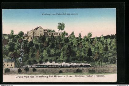 AK Gössnitz /S.-A., Gasthaus zur Wartburg mit Eisenbahn vom Pleisenthal aus gesehen