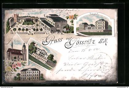 Lithographie Gössnitz i. S.-A., Waidmannsheil, Kirche, Bahnhof, Wilhelmshöhe