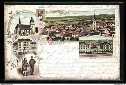 Lithographie Gössnitz, Kirche, Totalansicht, Bahnhof, Altenburger Trachten