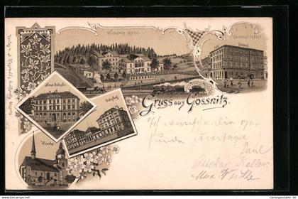 Lithographie Gössnitz, Wilhelms-Höhe, Central-Hotel, Bahnhof