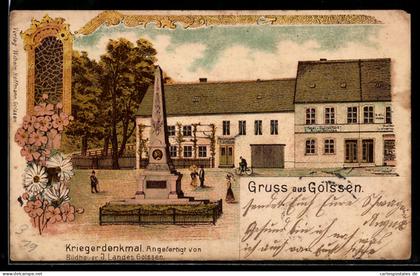 Lithographie Golssen, Kriegerdenkmal von Bildhauer J. Landes, Tabak- und Cigarrenfabrik Erich Schulze