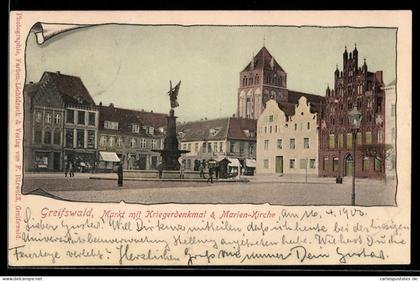 AK Greifswald, Markt mit Kriegerdenkmal & Marien-Kirche