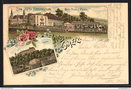 Lithographie Greiz, Hotel Hirschstein von Franz Hass, Schloss