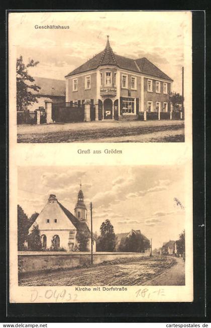 AK Gröden, Geschäftshaus, Kirche mit Dorfstrasse