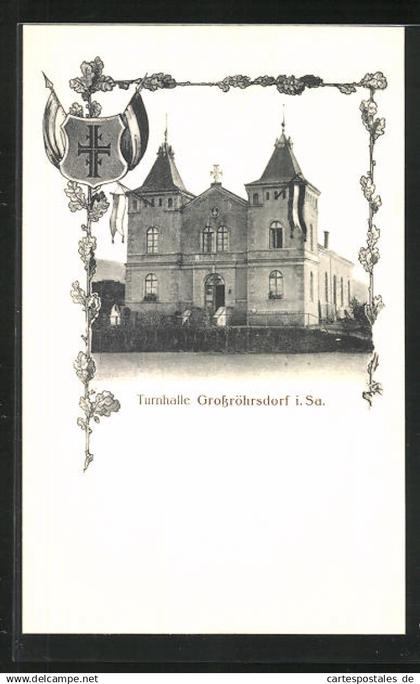 AK Grossröhrsdorf i. Sa., Turnhalle mit Wappen