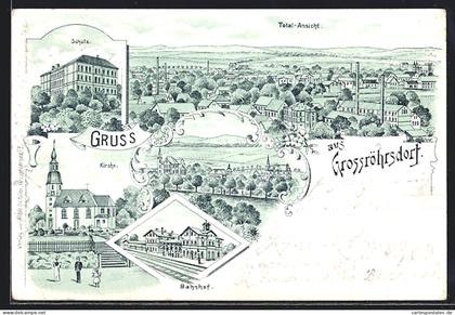 Lithographie Grossröhrsdorf, Schule, Kirche, Bahnhof, Gesamtansicht