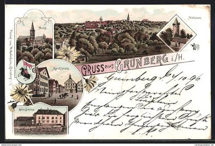 Lithographie Grünberg i. H., Altes Schloss, Burg, Marktplatz