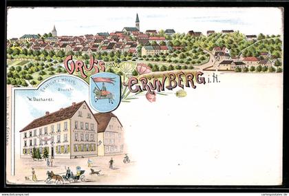 Lithographie Grünberg i. H., Gasthof z. Hirsch, Panorama