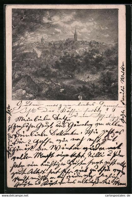Vorläufer-AK Grünberg /Hessen, 1888, Blick über lichtes Buschland zur Stadt