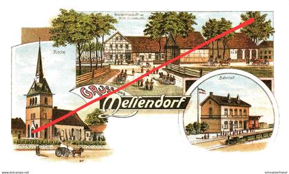 REPRO Litho AK Mellendorf Gasthof Bahnhof Kirche a Wedemark Hellendorf Bissendorf Elze Schwarmstedt Burgwedel Hannover