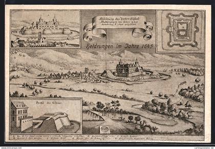 Künstler-AK Heldrungen, Ortsansicht mit Schloss im Jahre 1645, Grundriss der Schlossanlage