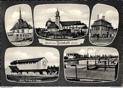 CPA Bürstadt Hessen, Evang. Kirche, Kath. Kirche St. Michael, Altes Rathaus, Kath. Kirche St. Peter