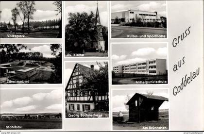 CPA Goddelau Riedstadt in Hessen, Stahlbau, Volkspark, Schwimmbad, Mittelpunktschule