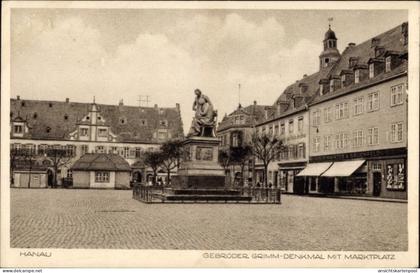 CPA Hanau im Main Kinzig Kreis Hessen, Gebrüder Grimm Denkmal mit Marktplatz, Mainzer & Bruchfeld