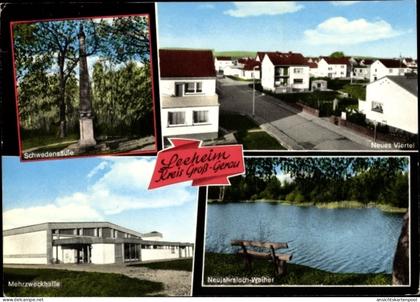 CPA Leeheim Riedstadt Hessen, Schwedensäule, Neues Viertel, Mehrzweckhalle, Neujahrsloch Weiher