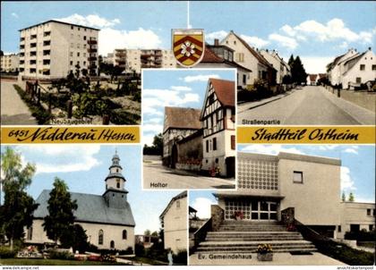 CPA Ostheim Nidderau in Hessen, Wappen, Hoftor, Straßenpartie, Neubaugebiet, Ev. Gemeindehaus, Kirche