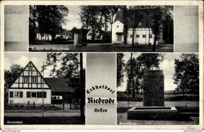 CPA Riedrode Bürstadt in Hessen, Gedenkstein, Bauernhof, Rathaus, Hauptstraße