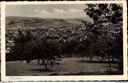 CPA Schlüchtern im Main Kinzig Kreis, Panorama des Ortes mit Obstbäumen