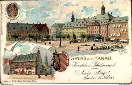 Gaufré Blason Artiste Lithographie Joost, R., Hanau Main Kinzig Kreis, Rathaus, Marktplatz