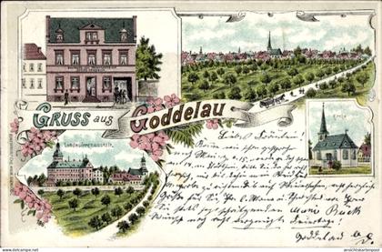 Lithographie Goddelau Riedstadt in Hessen, Panorama, Gasthaus, Landesirrenanstalt, Kirche