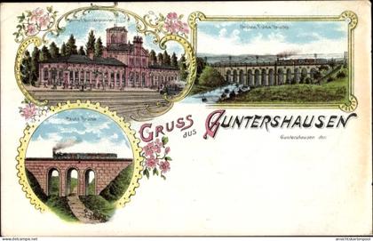 Lithographie Guntershausen Baunatal in Hessen, Bahnhof, Gleisseite, Fuldabrücke
