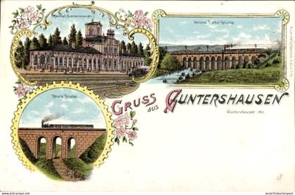 Lithographie Guntershausen Baunatal in Hessen, Bahnhof Gleisseite, Fuldabrücke