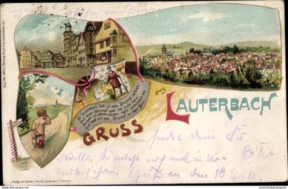 Lithographie Lauterbach an der Lauter Vogelsbergkreis, Strumpf verloren, weinendes Kind, Panorama