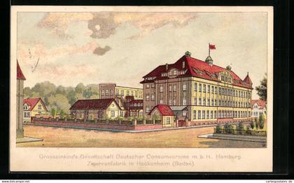 Künstler-AK Hockenheim in Baden, vor der Grosseinkaufs Gesellschaft Deutscher Consumvereine m.b.H. Hamburg
