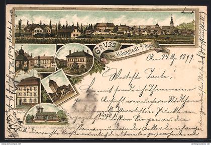 Lithographie Höchstadt a. Aisch, Gasthaus Scheidels Keller, Josephs-Anstalt, Stadtturm