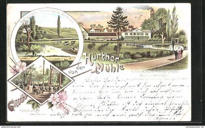 Lithographie Hürth, Gasthaus Hürther Mühle mit Garten und Park